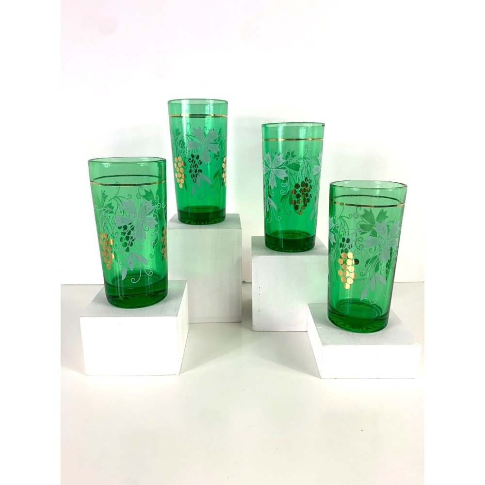 Vintage Anchor Hocking Mid Century Gold Grape Patterned Juice Glasses